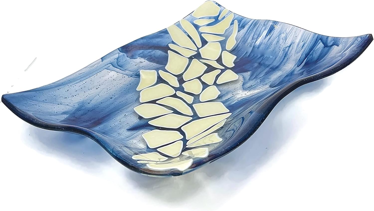 Navy Blue and French Vanilla Mid Century Modern Large Rectangular Art Glass Tray