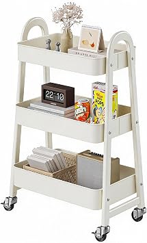 DUMOS 3 Tiers Metal Rolling Utility Cart with Lockable Wheels, Mobile Storage Organizer, Utility Shelving Unit for Kitchen, Office, Bathroom, Laundry, Narrow Places, White