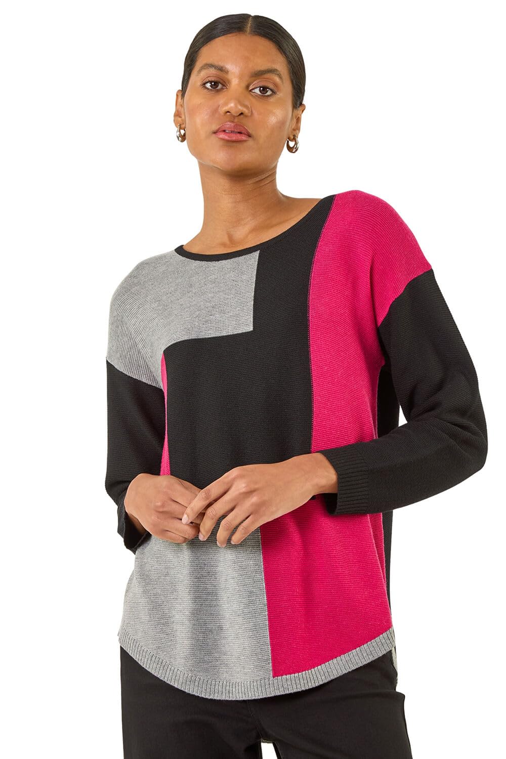 Roman Originals Women's Black Colour Block Ribbed Jumper - Spring Everyday Summer Holiday Round Neckline Comfy Curved Hem Soft Vacation Jumpers - Size 12