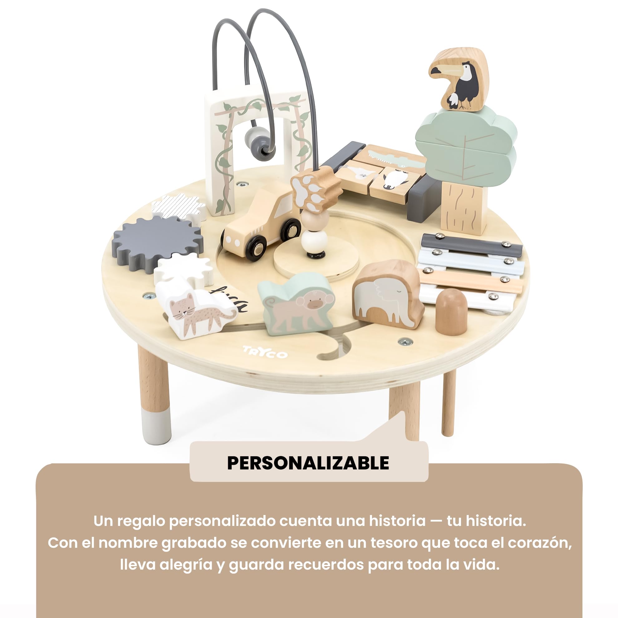 Personalizable Mesa de Actividades de Madera – Juegos de motricidad y Actividades educativas – para bebés y niños pequeños – Personalizada con Nombre – Tryco