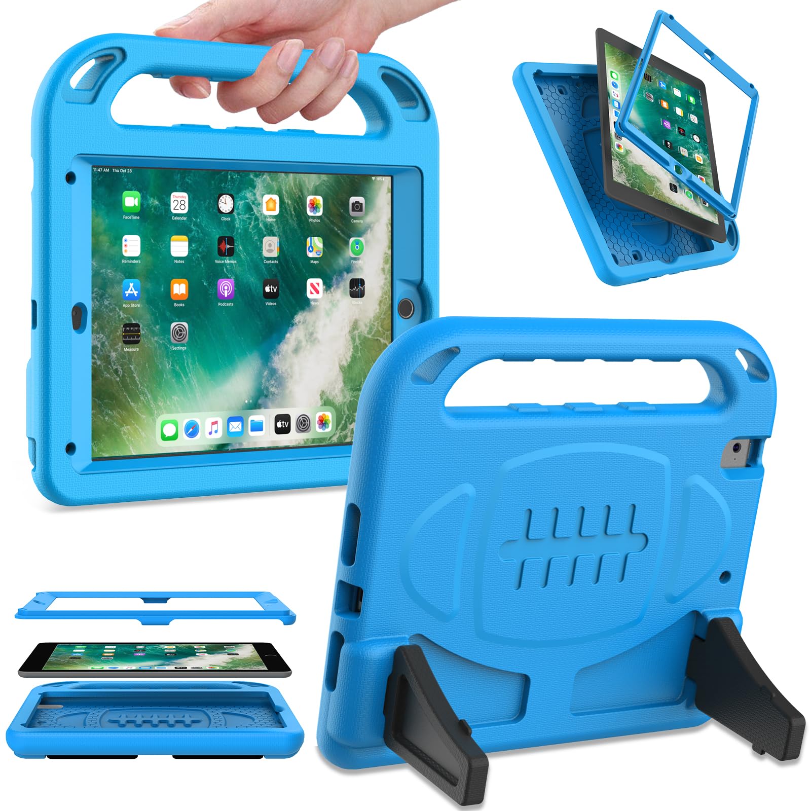 SINSO Kids Case for iPad 6th/5th Generation, iPad 9.7 Inch 2018/2017 & iPad Air 2, Built in Screen Protector, Shockproof Handle Stand Kids Case for 9.7-inch iPad 5th & 6th Gen & iPad Air 2, Blue