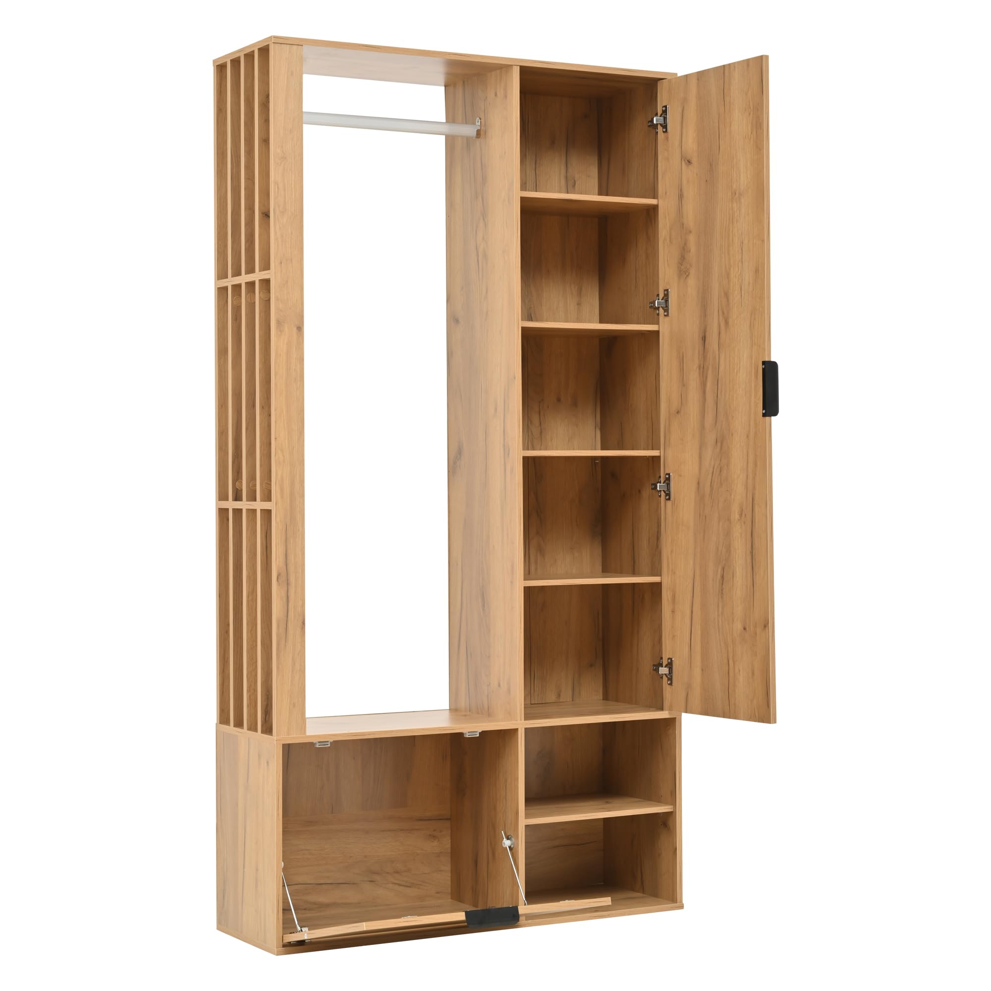 MURUL Armario 6 en 1, 100 x 33 x 190 cm, natural, con espejo, tendedero y puerta, armario de pasillo de 100 cm de ancho para colgar abrigos