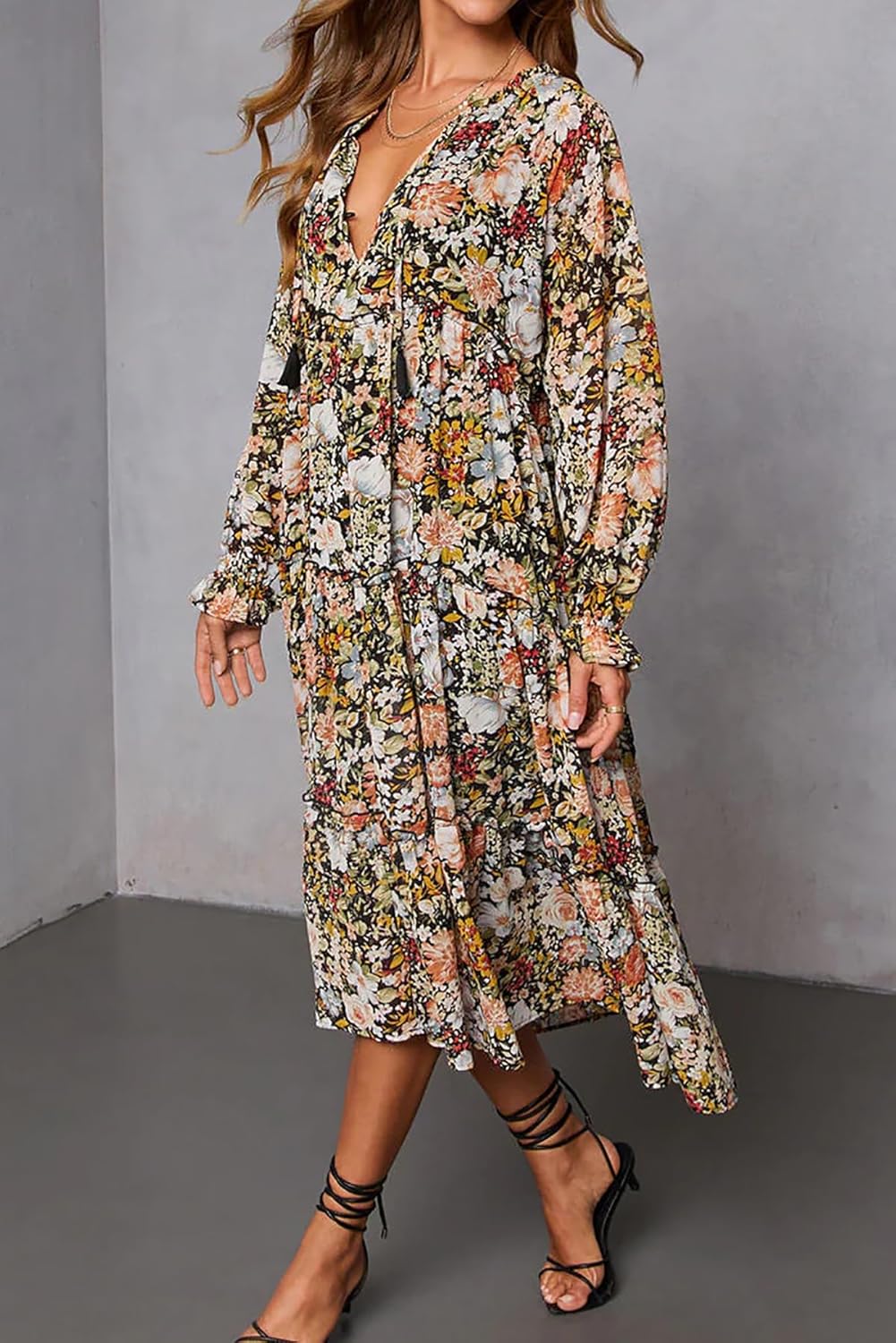 R.Vivimos Women's Fall Floral Print Midi Dress 2026 Long Sleeve V Neck Casual Loose Ruffle Tiered Flowy Dress - Image 2