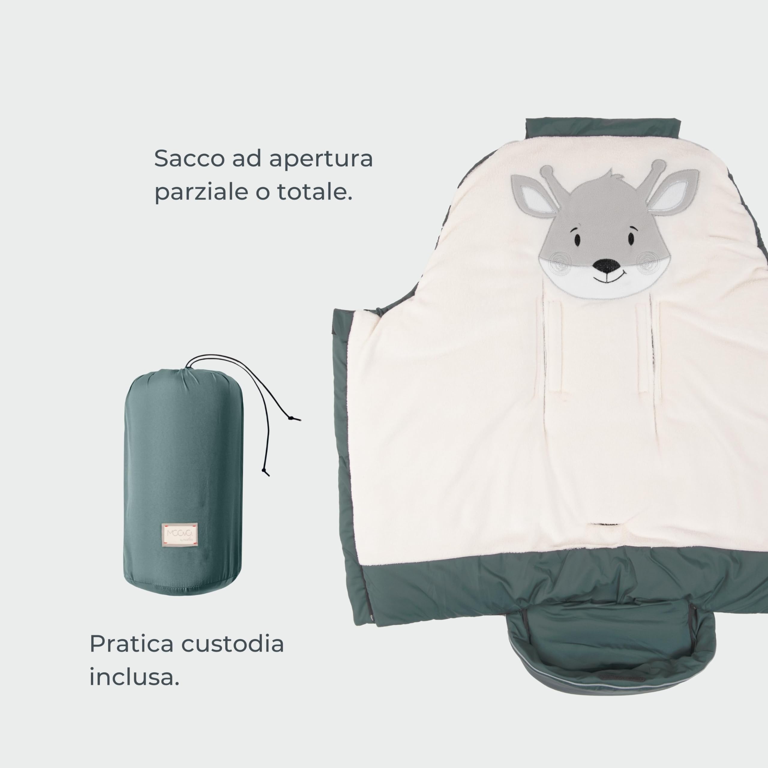 Nuvita 9605 Junior Cuccioli | Sacco Universale per Passeggino con Animaletti | Perfetto per Bambini da 6 a 36 Mesi (100 cm) | Resistente al Freddo fino a -13°C | Verde Moovo