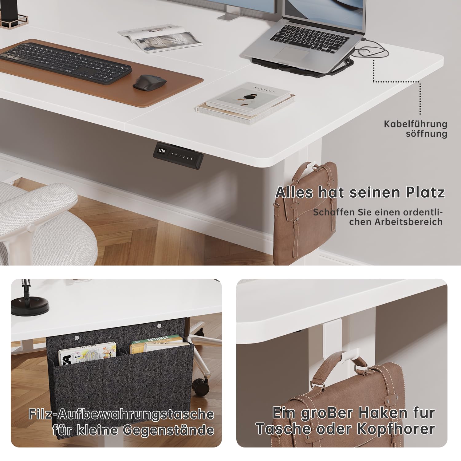 Airfish Höhenverstellbarer Schreibtisch Elektrisch 160x70cm, Stabiler Schreibtisch mit Aufbewahrungstasche, Memory-Funktion mit 4 Höhen, Computertisch für Homeoffice, Stehpult, Standing Desk, Weiß