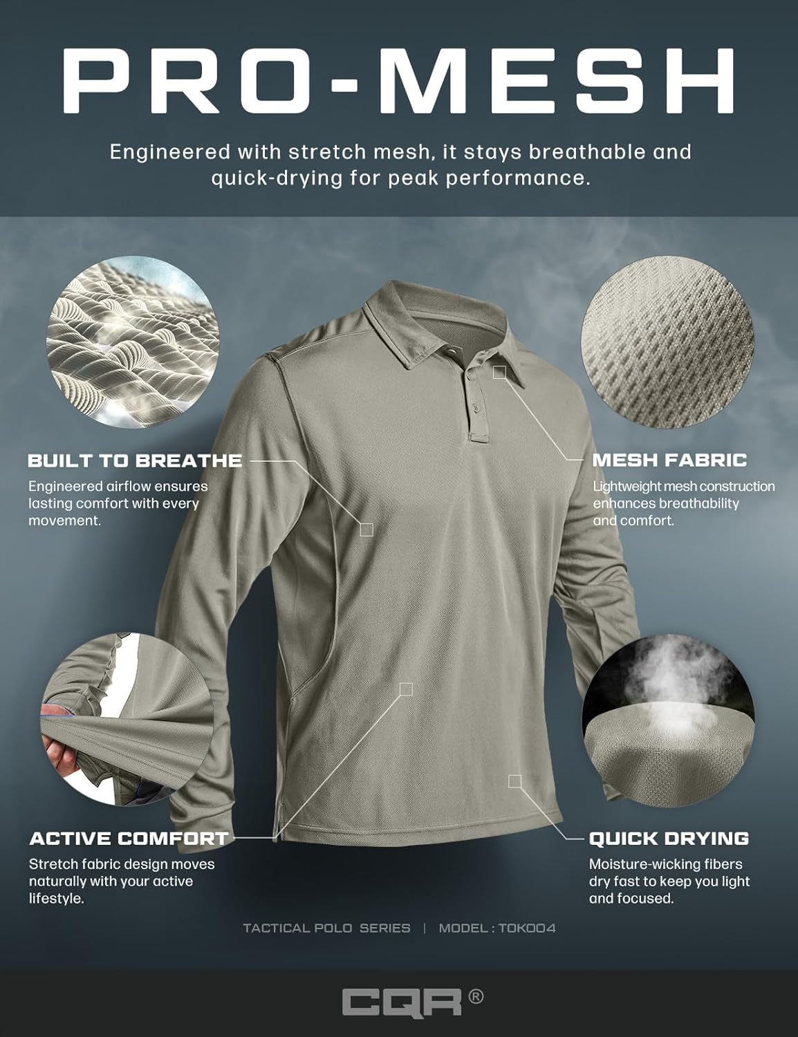 CQR Men's Polo Shirt, Long Sleeve Tactical Shirts, Outdoor UPF 50+ Pique Shirt, Dry Fit Lightweight Golf Shirts