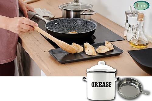 Miniatura 7 de Roadmap Recipiente de grasa de tocino esmaltado blanco de 1.5 L con colador, recipiente de grasa con patrón de letras, protector de grasa de tocino,