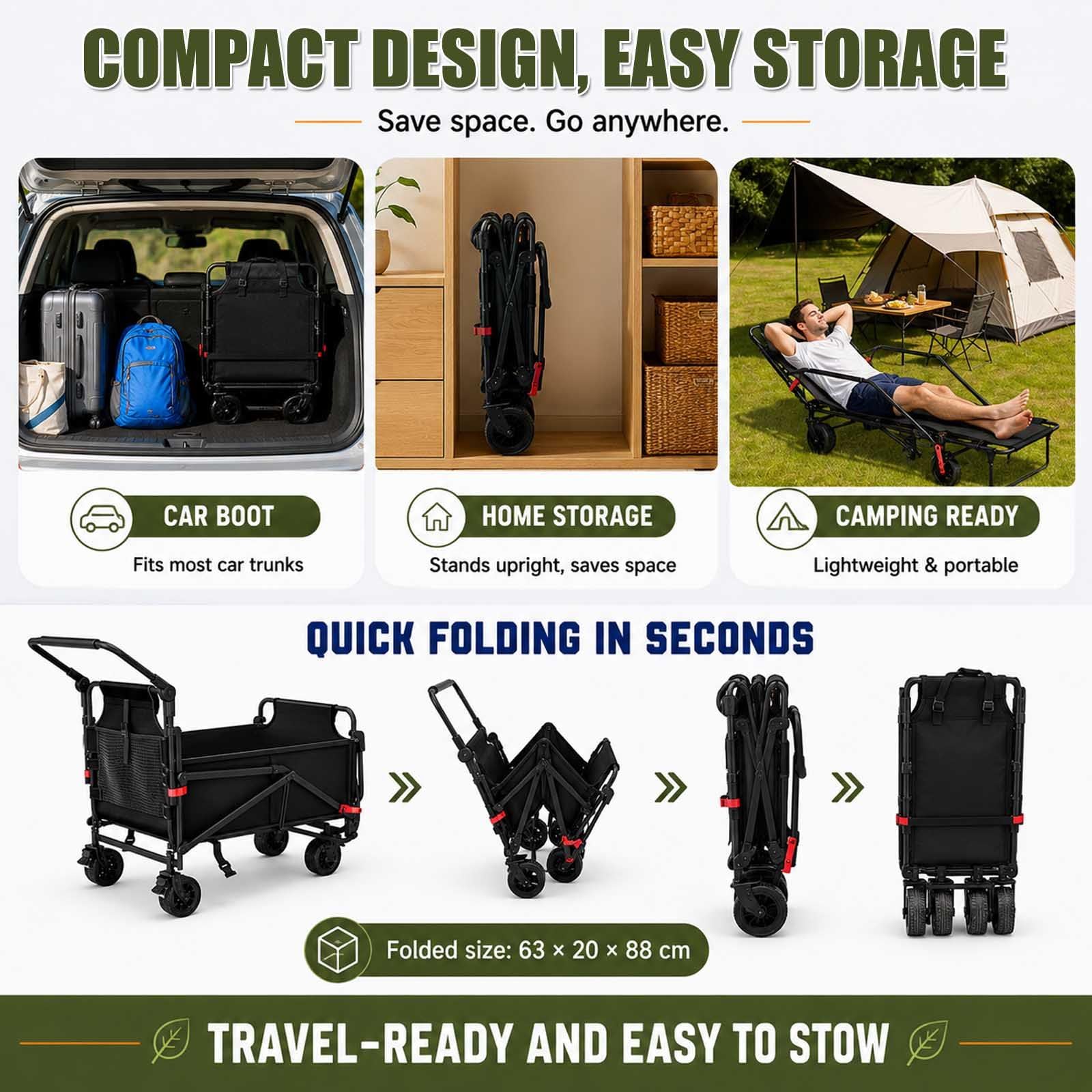 Chariot pliable et chaise de plage, chariot pliable robuste avec roues tout-terrain, capacité de 200 kg pour l'extérieur, le camping, le jardin, le pique-nique et le shopping