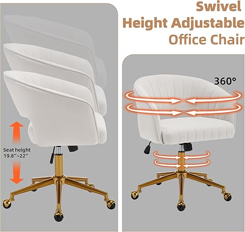 Miniatura 4 de Westice Sillas de oficina en casa, moderna silla rodante de terciopelo para escritorio, silla giratoria de altura ajustable con base dorada, silla