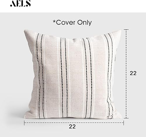 Miniatura 2 de AELS Juego de 2 fundas de almohada decorativas de lino rústico de 22 x 22 pulgadas, funda de almohada con textura bohemia, color beige con hilo