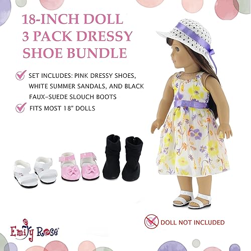 Miniatura 3 de Emily Rose Ropa para muñecas: paquete de 3 zapatos de muñeca de 18 pulgadas, juego de regalo de valor: zapatos rosados, sandalias blancas y botas