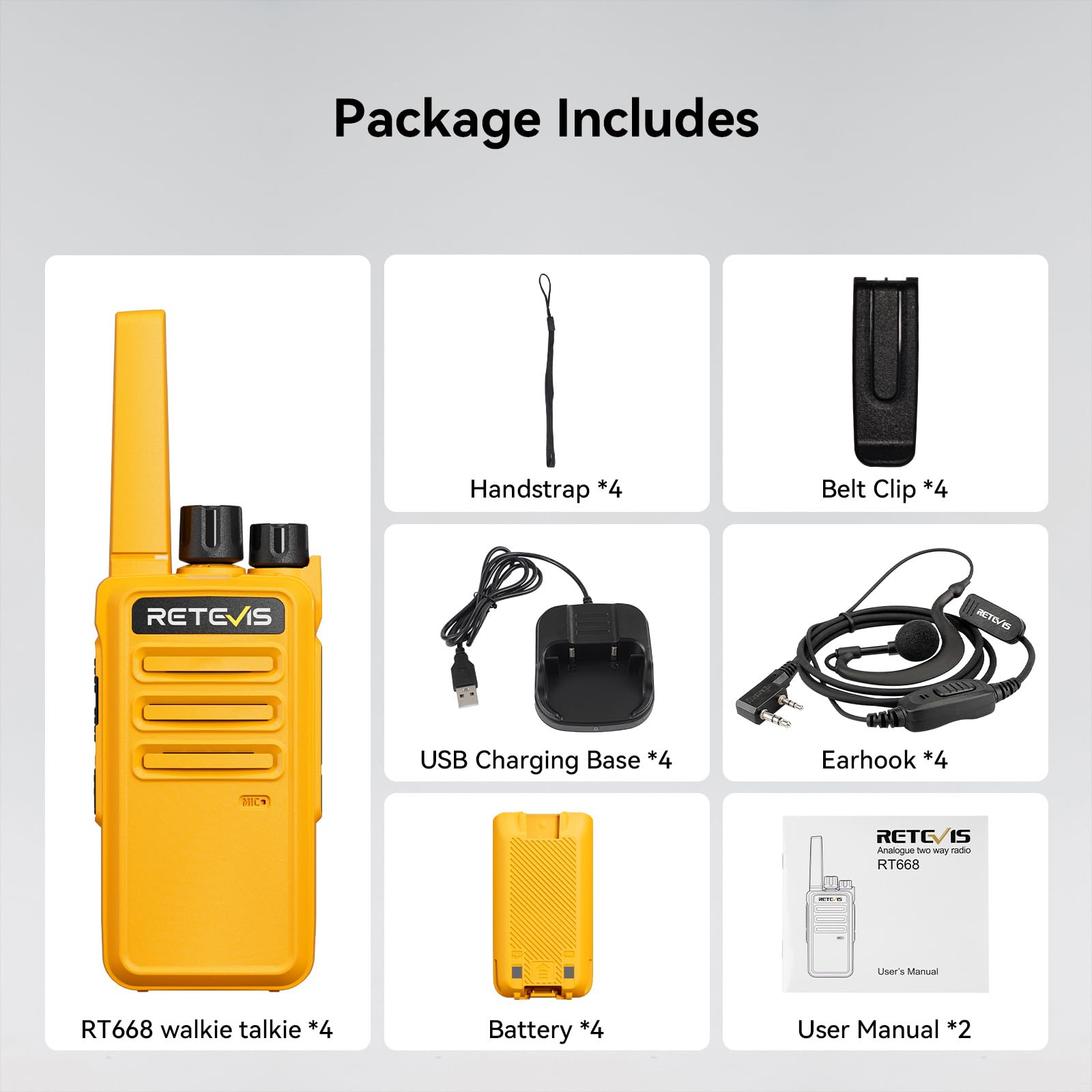 Retevis RT668 Walkie Talkie, PMR446 Walkie Talkie Profesional con Auriculares, Robusto, VOX, Cable USB C, Linterna LED, Radiocomunicación aal Adultos, Restaurante, Construcción, Industria(2 Par)