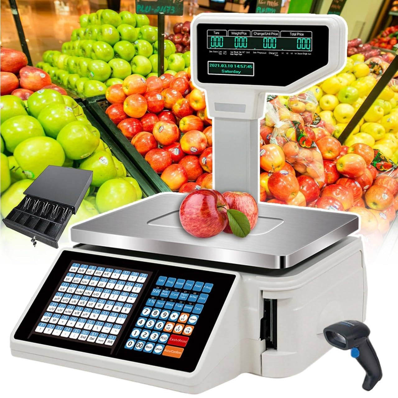 MYUYEE Commercial Cash Register,30Kg Label Printing Scales,Digital Weighing Scales,Back Front Dual Display,63 Shortcut Keys,For Supermarket/Retail Store