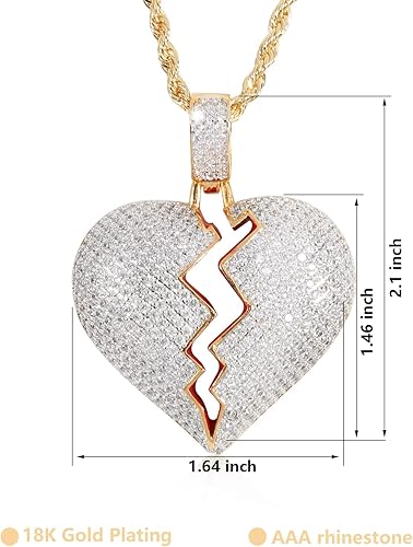Miniatura 2 de putouzip Men Broken Heart Chains 18k Gold Plated Fully Iced Out Pendant Link Chain Necklace