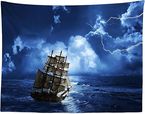 Loccor Tapiz de pared de barco de 6 x 4 pies, diseño de barco pirata que lucha por la tormenta, paisaje, vela, para colgar en la pared, fondo