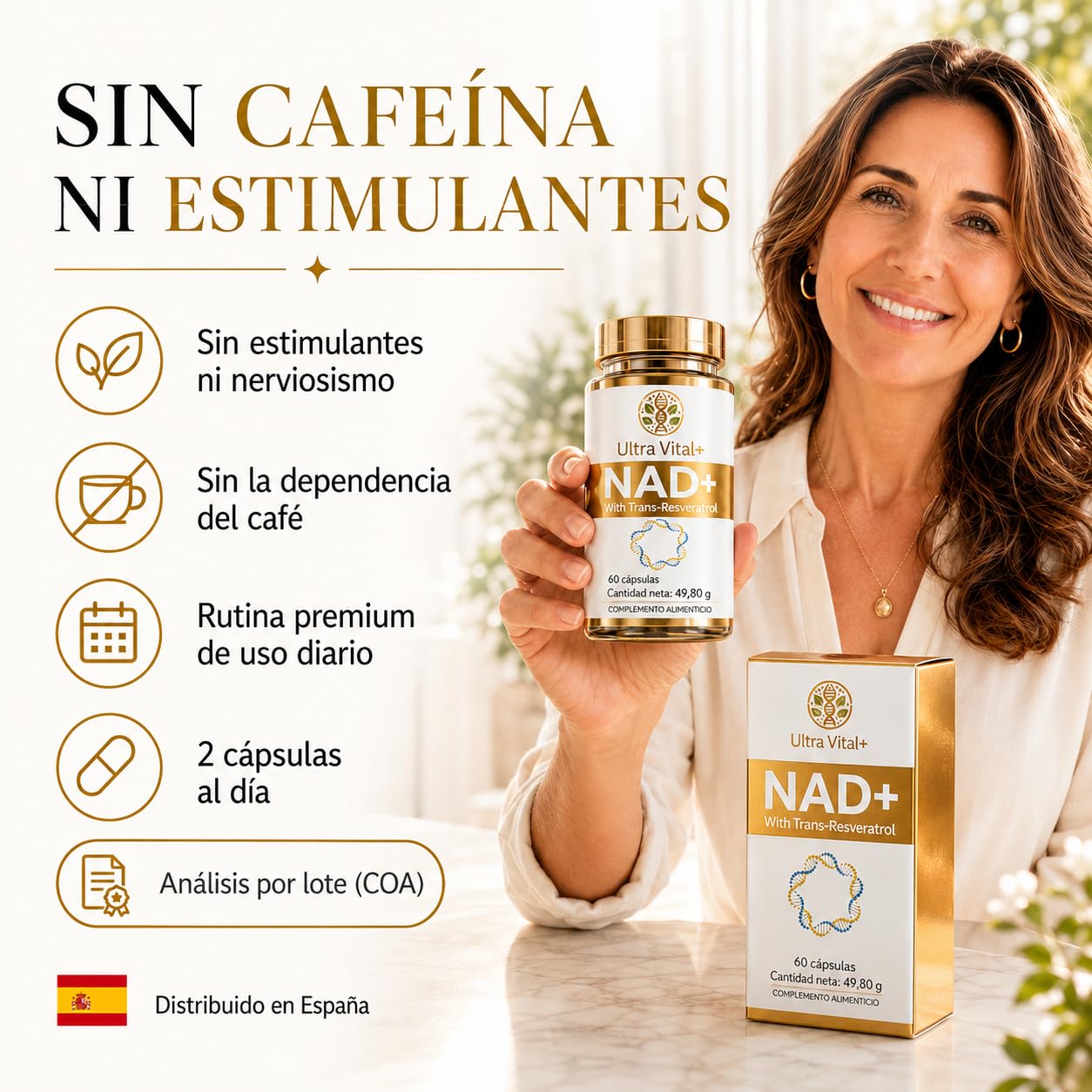 NAD Resveratrol Puro 1000 mg, NAD+ Trans-Resveratrol Sin Cafeína, 60 Cáps | NAD+ 1000 mg + Trans-Resveratrol 260 mg por dosis diaria. Pureza superior al 99%, analizada por lote. Marca española