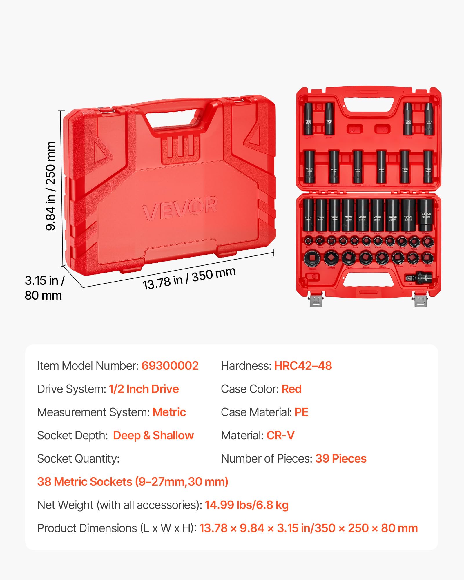 VEVOR Coffret de Douilles à Chocs 39PCs à Entraînement de 12,7 mm, Kit de Douilles Profondes et Courtes à 6 Pans, Métriques 9-30 mm, en Acier Cr-V, Double Marquage de Taille, pour Entretien Automobile