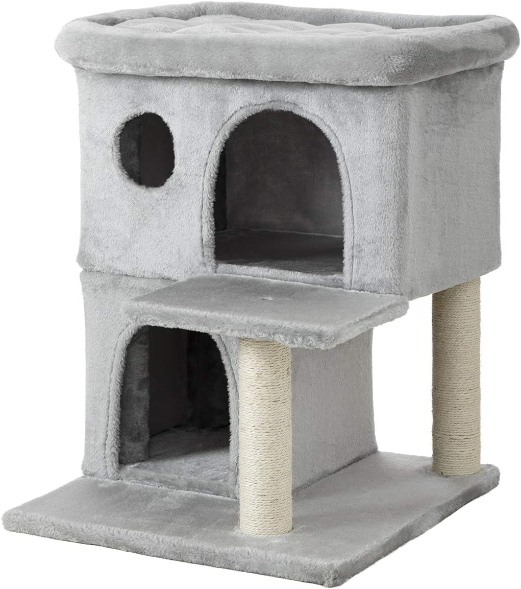 Ipet Home Cat Tower, Cat Tree and Condos for Large Cats, Kittens and Cats Activity Play House, Cat Furniture with Large Plush Perch, Fully Wrapped Scratching Sisal Posts, Grey