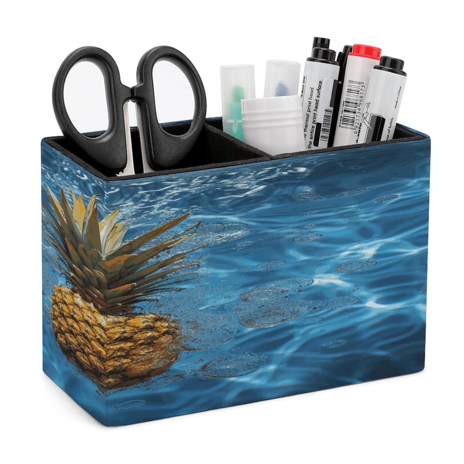 LDGSUPH Pineapple in The Pool Leather Pen Holder for Desk Organizer Caddy Large Pencil Cup Multi-function Pencil Holder Makeup Brush Holders Pen Organizer for Home Office Storage Box