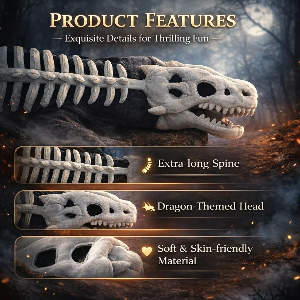 Dinosaur Fossil Costume Regular/Glow in Dark, 30/45in Realistic Skeleton Costume Set with Dino Head Mask & Plush Spine Bone