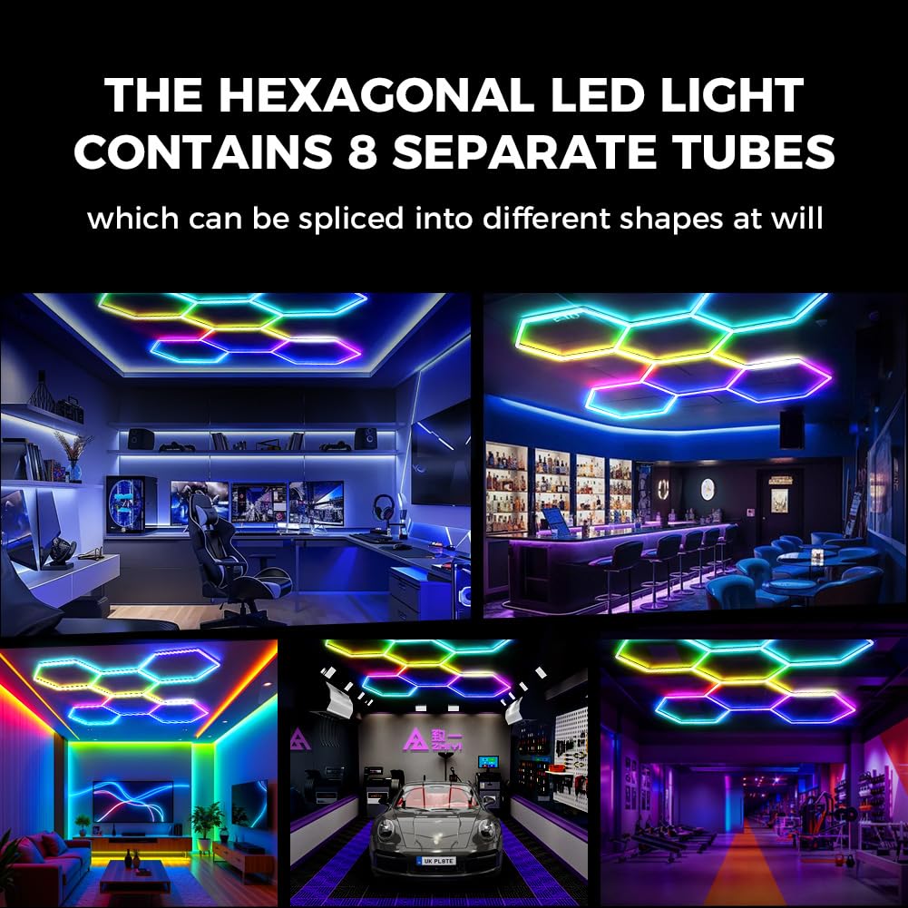 6 luci esagonali a LED RGB con modalità di sincronizzazione musicale, controllo app e telecomando, luce a nido d'ape multicolore per sala giochi, palestra e garage