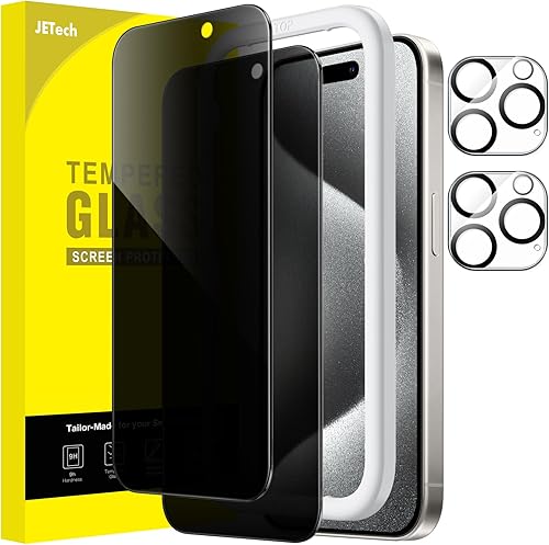 JETech Protector de pantalla de privacidad para iPhone 15 Pro de 6.1 pulgadas con protector de lente de cámara, película de vidrio templado