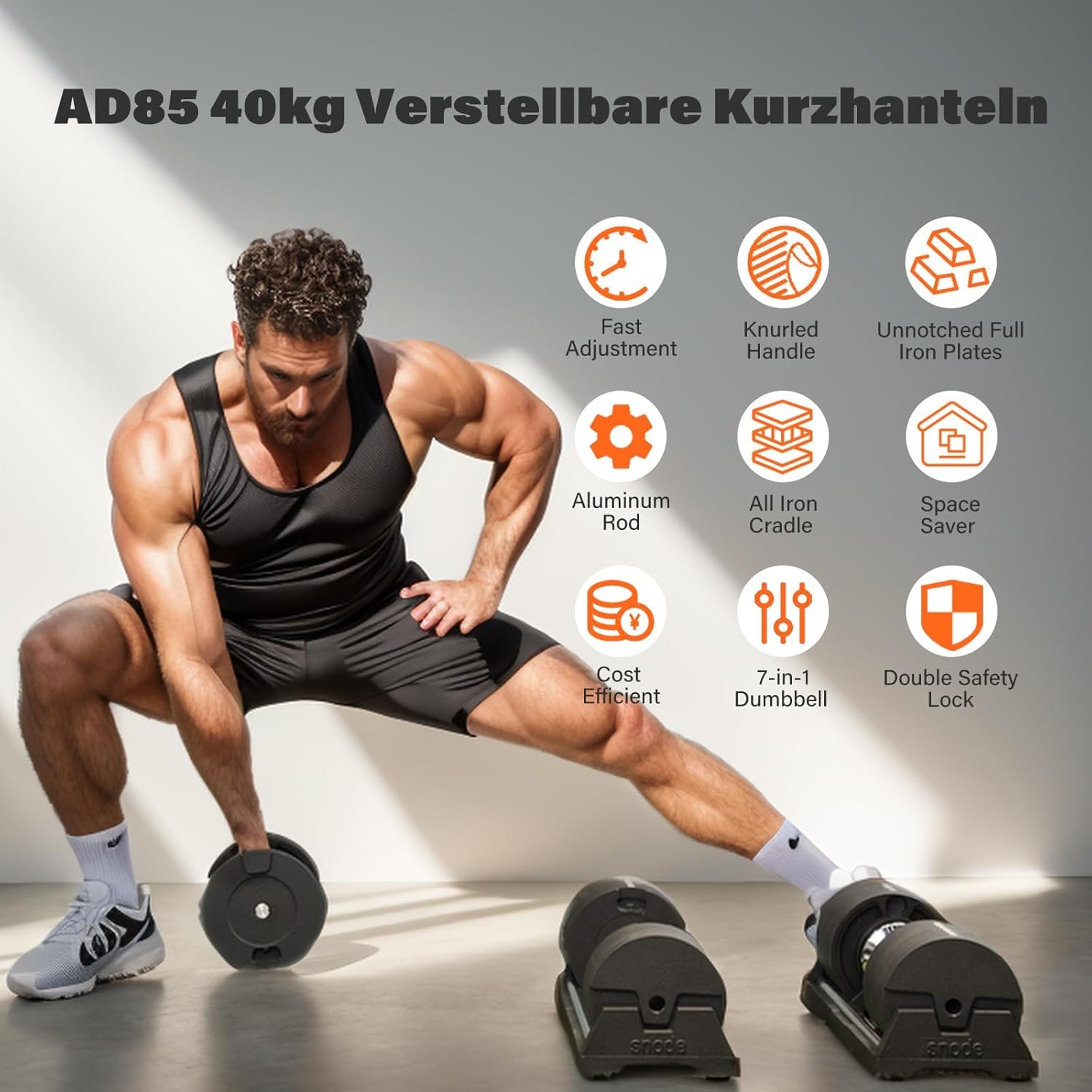 SNODE Fallschutz-fest verstellbare Hanteln –40 kg – Set aus 2 Gusseisen-Hanteln AD85 – Vielseitige Fitness-Gewichte fürs Home Gym zur professionellen Kraftausdauer-Training