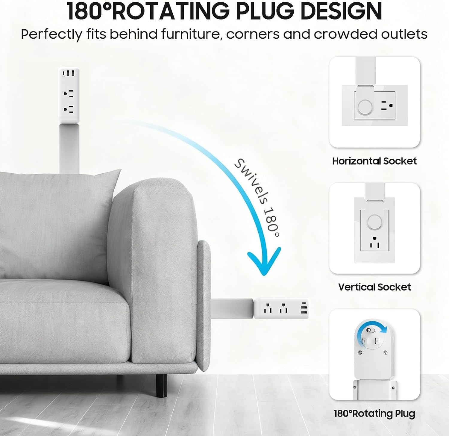 Electrical Outlet Extender Stick - With USB-A,USB-C and 2 AC Outlets, Power Socket Expander Extends 22"-34",180° Access Hard-to-Reach Outlets, outlet plugs extender Nightstands,Sofa,Bed,Desks and More