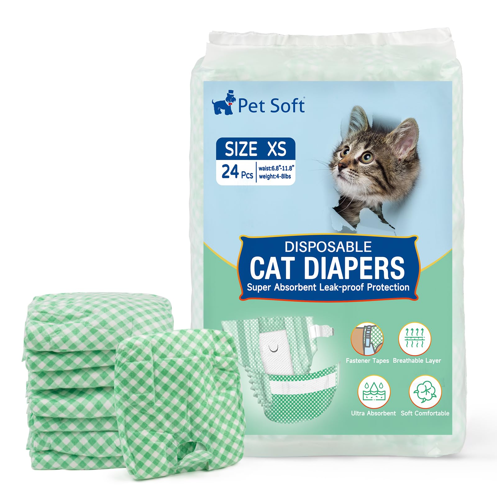 Pet Soft Disposable Cat Diapers - Female Dog Diapers for Cats & Dogs in Heat Period or Urine Incontinence, Doggie Diapers Ultra Absorbent Leak-Proof Puppy Diapers 24pcs (Green, XS)