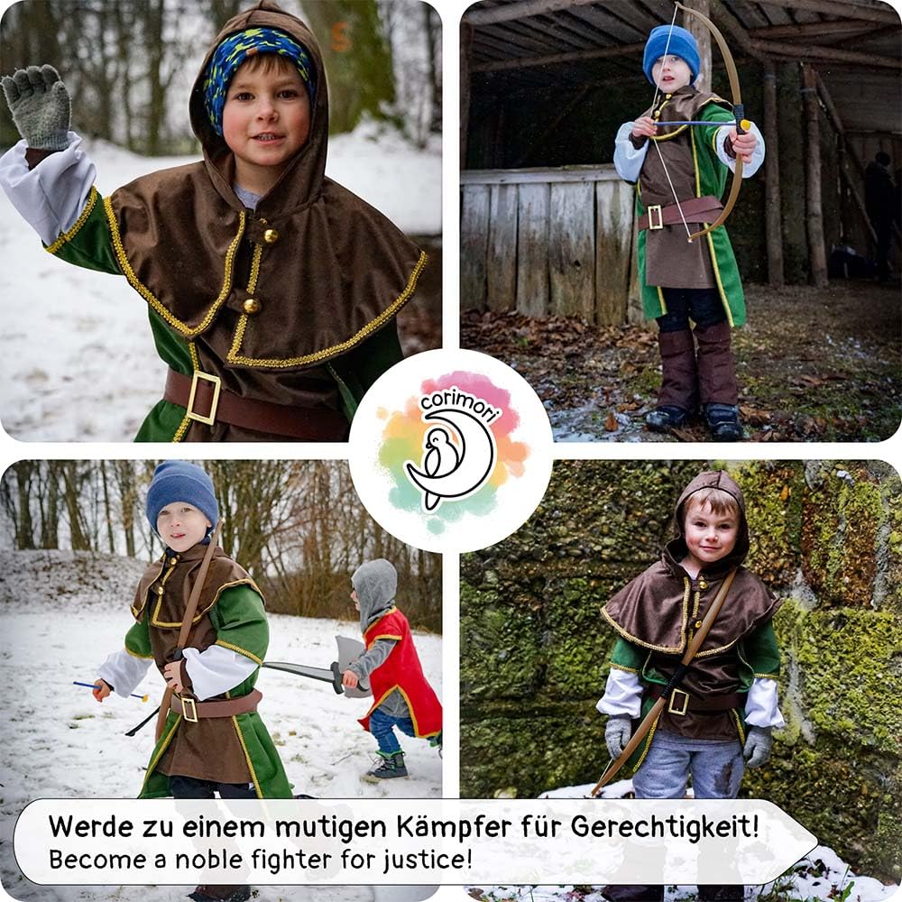 corimori Kinder Robin Hood Kostüm mit Pfeil und Bogen | Für Jungen & Mädchen | grün, braun