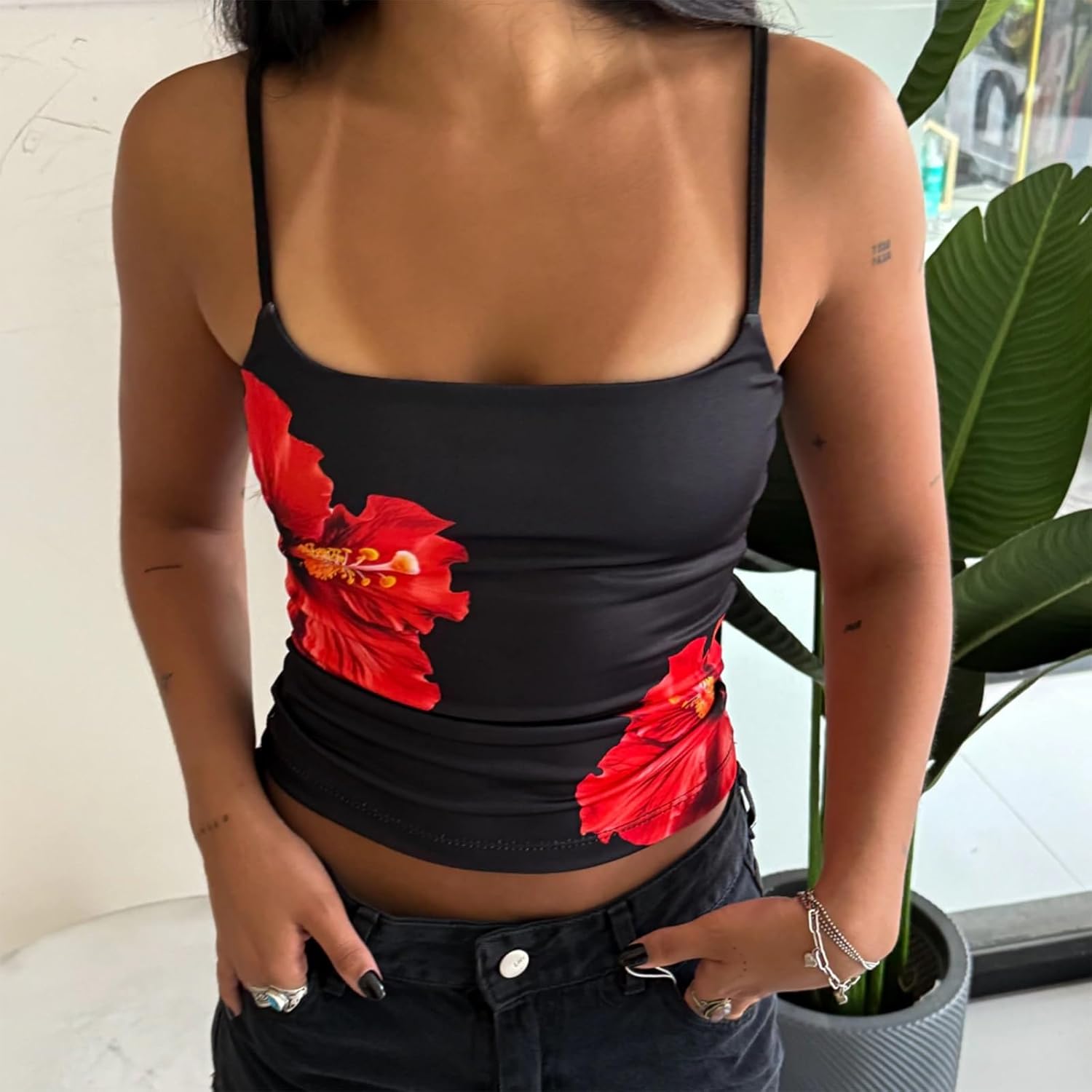 Y2k Floral Tank Top for Women Sexy Backless Going Out Crop Tops Sleeveless Spaghetti Strap Summer Slim Fit Camisole - Image 5