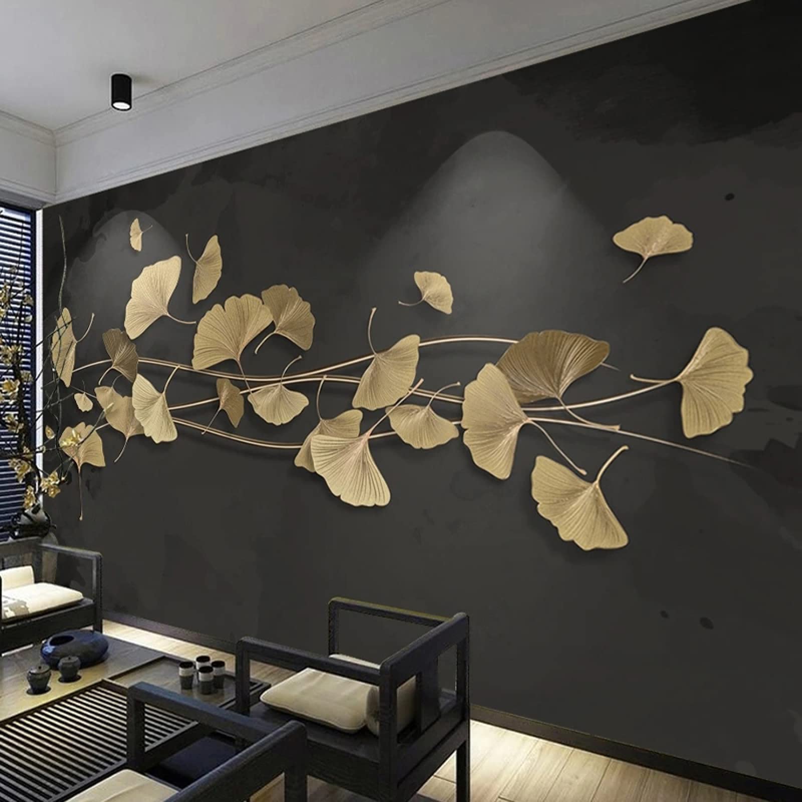 Papier peint 3D ginkgo biloba feuille or relief pour salon cocooning