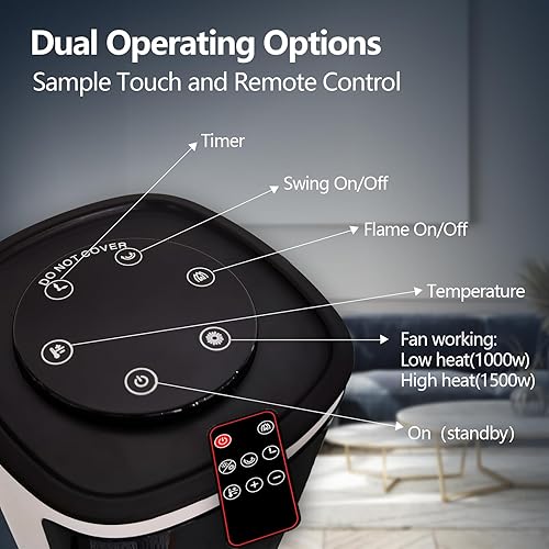 Miniatura 6 de Calentador de espacio de torre de cerámica de 750 W1500 W con llama 3D, calentador eléctrico con oscilación de 65, termostato ajustable y control