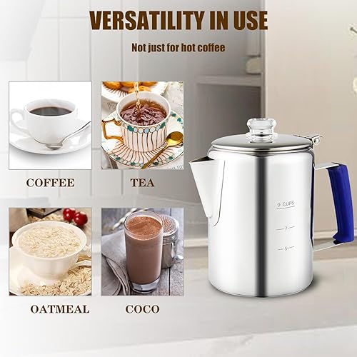Miniatura 4 de Cafetera de percolador multiuso, cafetera de acero inoxidable con dos pomos de vidrio de borosilicato, mango de sílice, cafetera para camping, uso