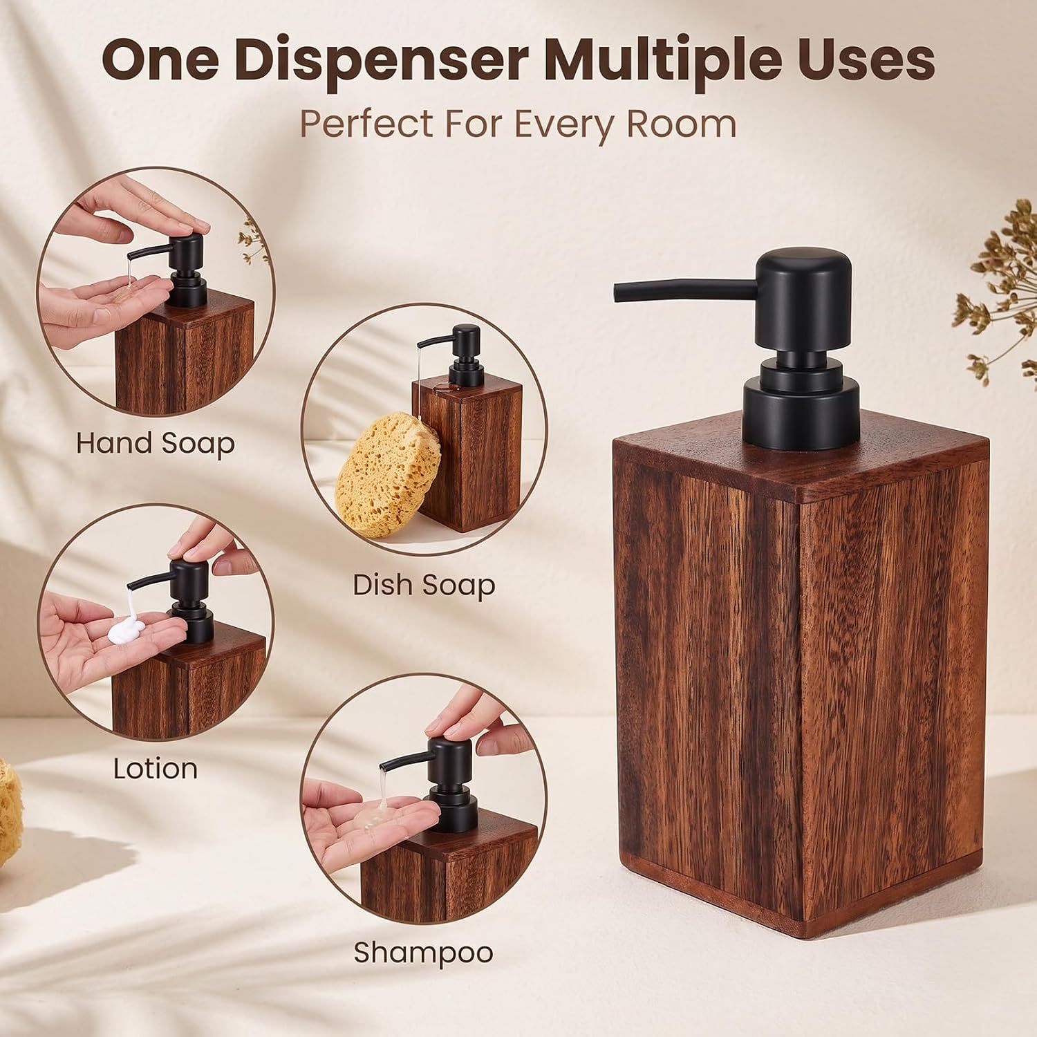 2-Pack Solid Wood Soap Dispenser, 14oz Refillable Lotion Pump Bottle Rustic