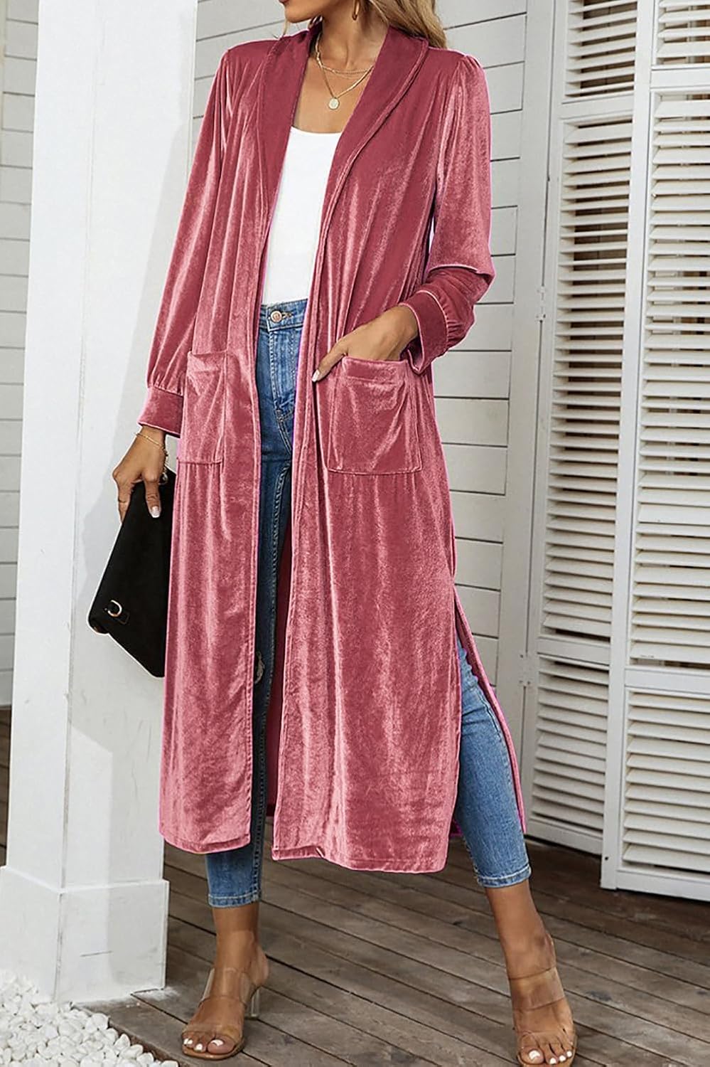 Women's Fall Velvet Duster Cardigan Jackets Vintage Solid Long Sleeve Open Front Side Slit Midi Coat with Pockets