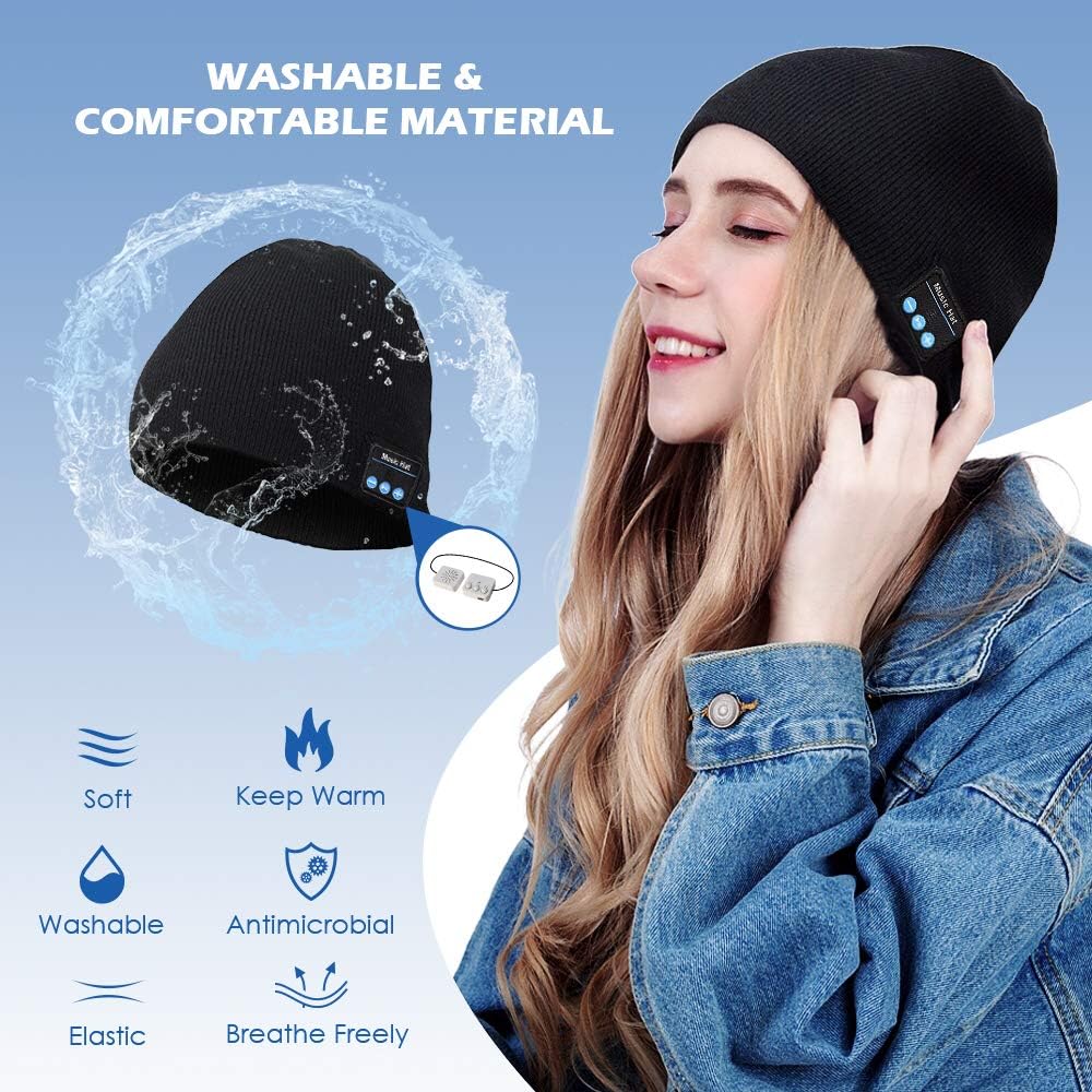 Bluetooth Beanie-Mens Gifts Bluetooth hat with Double Knitted Built-in Stereo Speaker & Mic Unique Birthday Gifts for Men Women Running Cap Fit for Outdoor Sports (Dark Black)