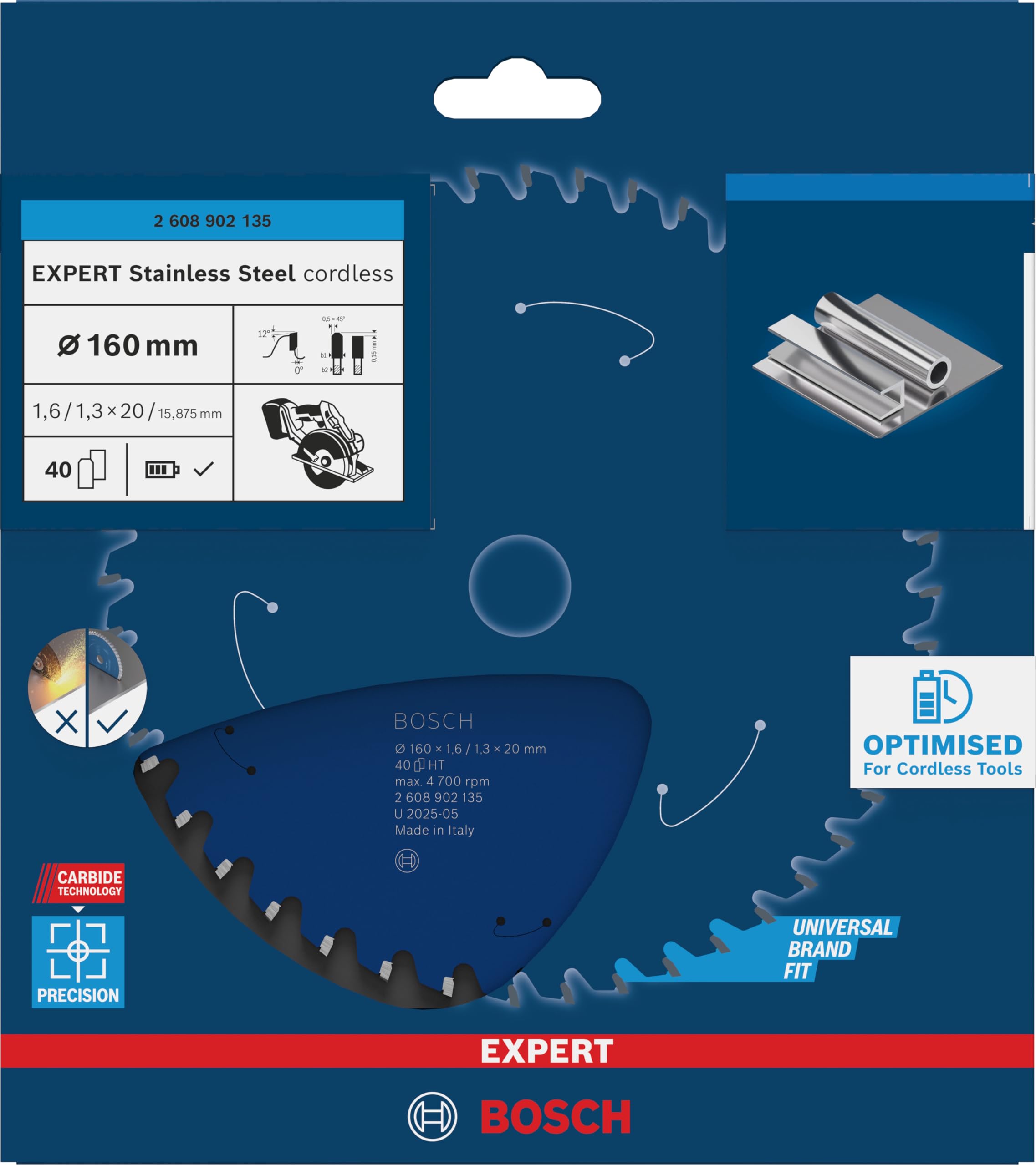 Bosch 1x Hoja de sierra circular EXPERT Stainless Steel cordless para cortador de mano en seco (para Acero inoxidable, Ø mm, Professional Accesorios Sierras cortadoras en seco de mano sin cable)