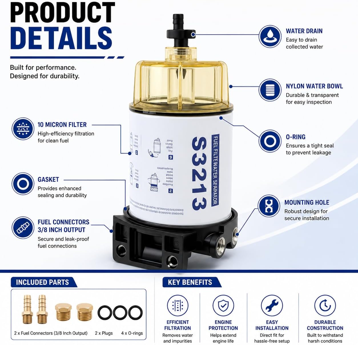 S3213 Fuel Water Separator Filter for Yamaha Mercury Outboard | Includes bowl and fittings, 3/8" barb and 1/4" NPT fittings, Replaces 18-7932-1, 18-7919, Fits marine outboard fuel systems