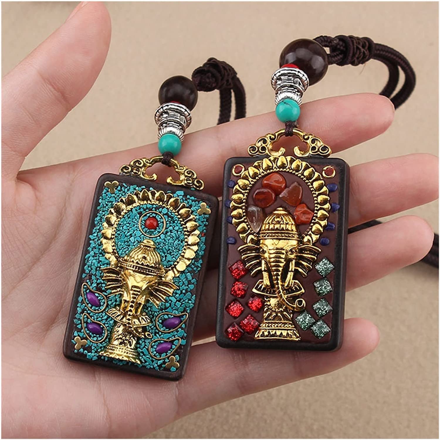 Pendentif Bois Santal éléphant Bouddha - Collier Amulette Népal Vintage - Neuf Avec étiquettes