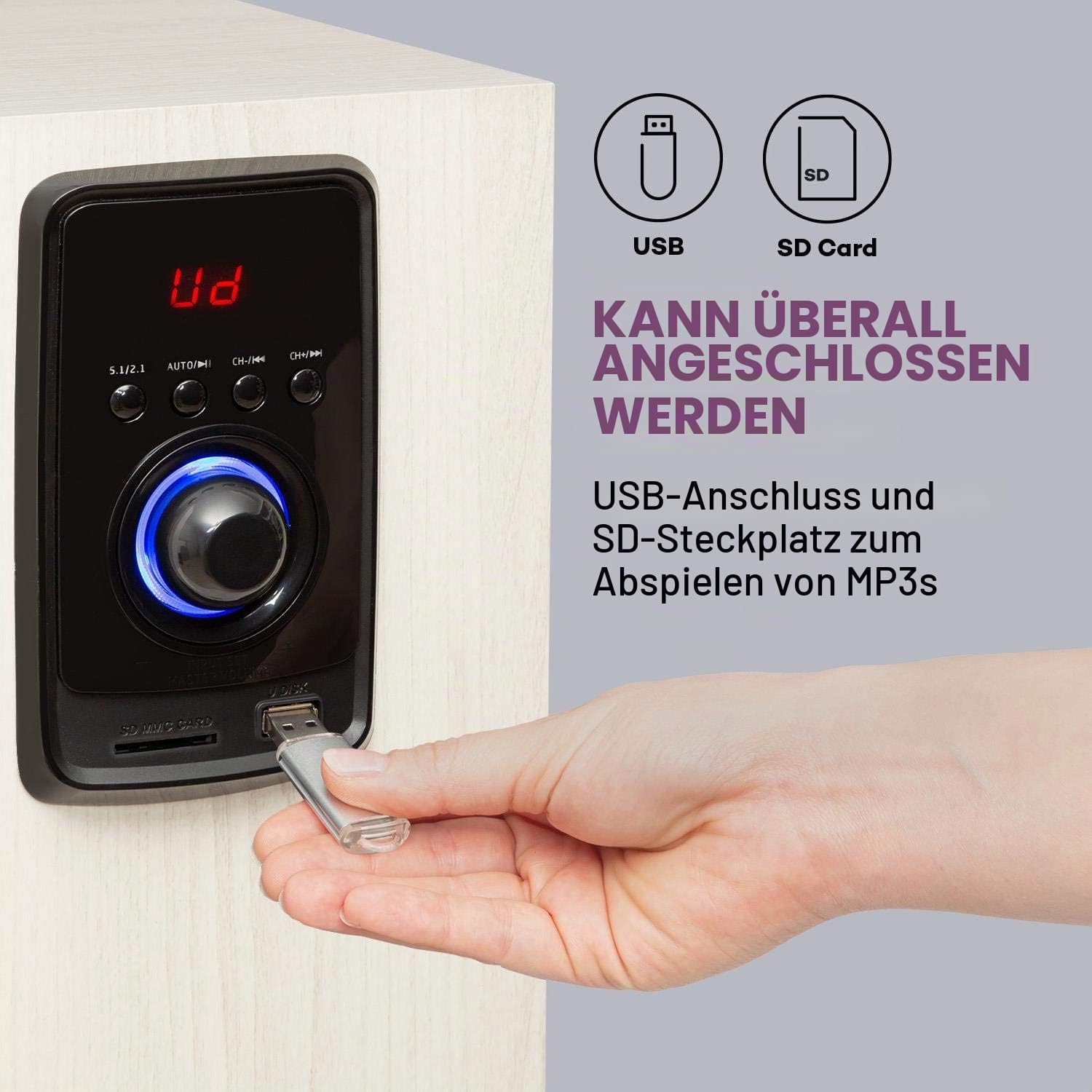 auna Areal Elegance 5.1 Soundsystem - Lautsprechersystem 5.1 Heimkinosystem mit 190 Watt RMS, Heimkino mit 5" Subwoofer, 5 x Satelliten-Lautsprecher (3"+5"), Bluetooth, USB/SD, helle Holzoptik