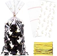 Vista 1 de Yexiya 100 bolsas de dulces de ganso de celofán transparentes con lazos de cinta, bolsa de plástico impresa de ganso blanco para aperitivos