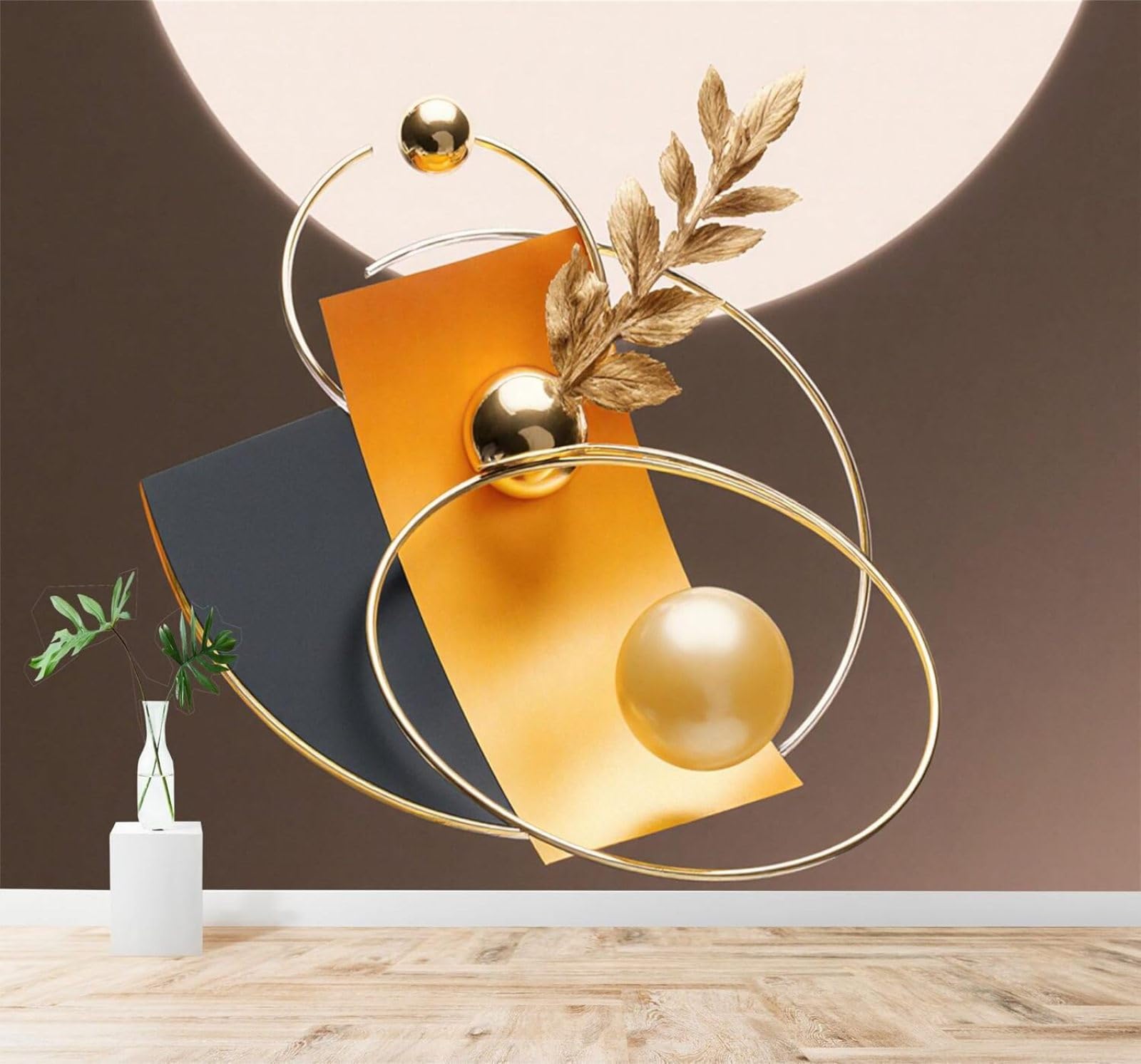 Tzxztt Abstract Geometric Art Golden Sphere Metallic Leaves Modern 3D Wallpaper Premium Textured Silk Neutral Tones Material Ideal for Living Room Bedroom-300cm×210cm