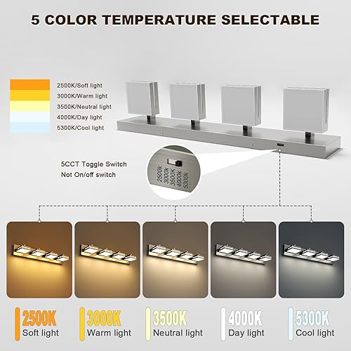 Miniatura 2 de Joossnwell Lámpara de tocador de baño de níquel cepillado, moderna (4 luces, 26.77 pulgadas), regulable 5CCT LED para tocador de baño