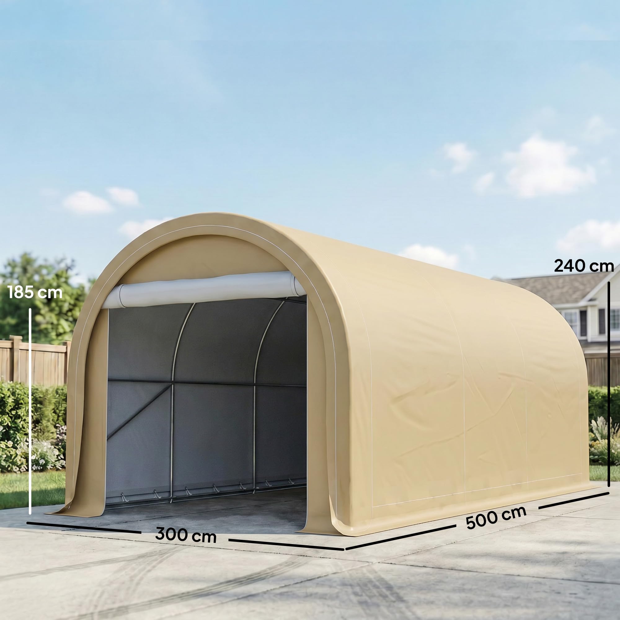 Outsunny Carport Tente de Garage 5 x 3 x 2,4 m, abri Voiture extérieur, Tente de Stockage avec Porte Enroulable zippée, Acier galvanisé, PE Haute densité 190 g/m², Beige
