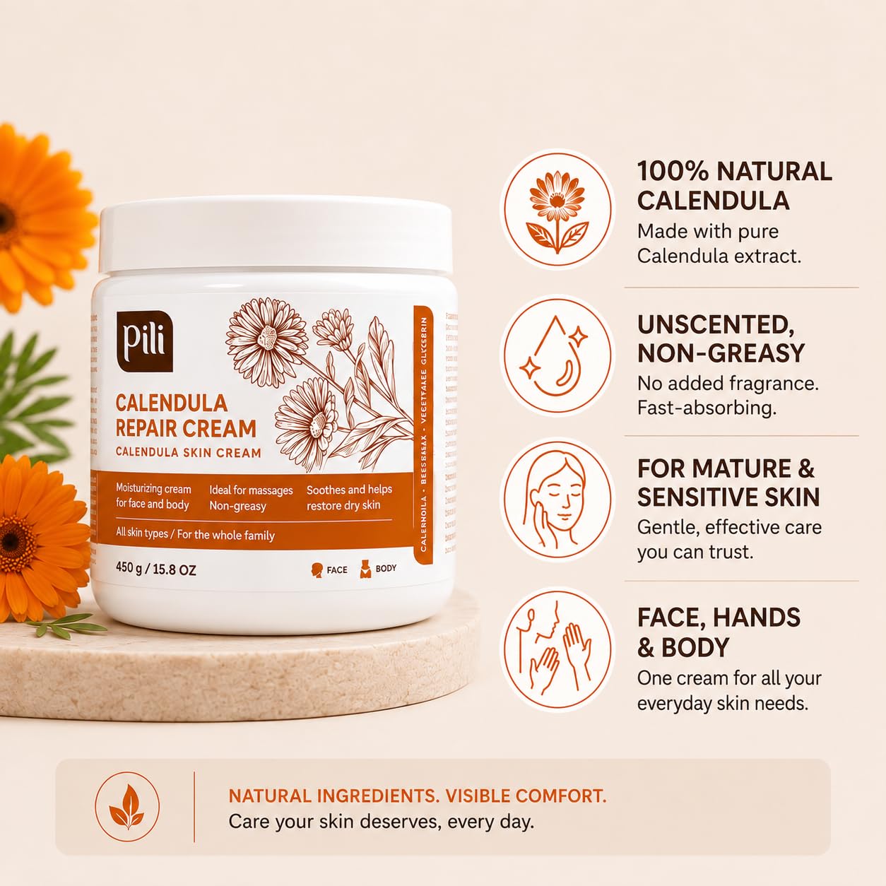 Crema hidratante de caléndula para piel áspera, seca o agrietada, 45 g