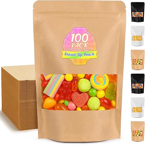 Food Bags 100 Pack Granola Trail Mix Bags Sealed Bag with Window Resealable Stand Up Pouches Wax Melt Candy Bar Tea Packaging Beef Jerky Chip Bag Bolsas para Carne Seca
