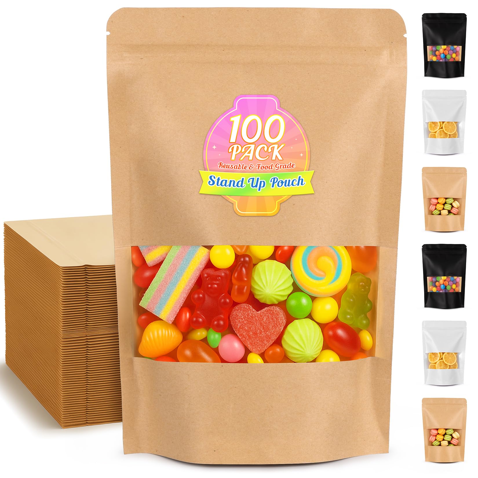 Photo 1 of FITIMOR 100 PCS Trail Mix Bags, 3.5 x 5.5'' MINI Seed Envelopes Resealable, Small Kraft Granola Bags with Clear Window, Food Storage Bag, Resealable Samples Bag for Coffee Samples, Spices, Candy, Tea