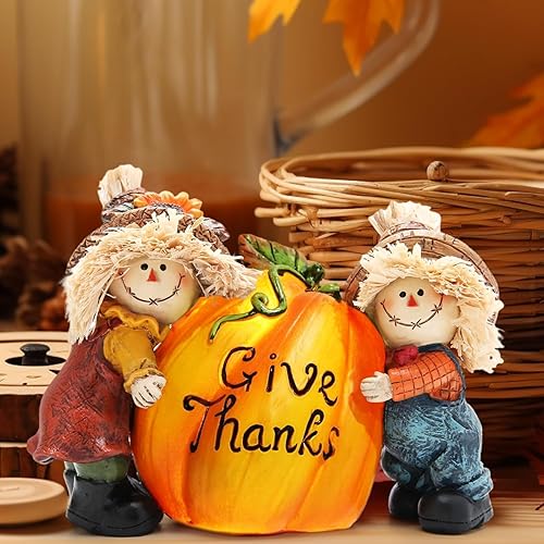 Miniatura 7 de Hodao Decoraciones de Acción de Gracias para el hogar, decoración de otoño de resina de Acción de Gracias con calabaza y espantapájaros, regalo