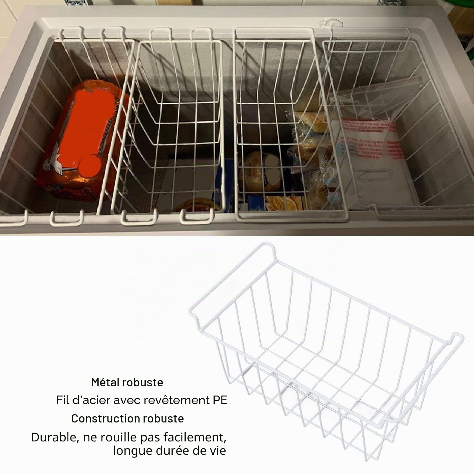 Focket 2 pcs paniers de congélation, bacs d'organisateur de Panier en Fil métallique Profond avec poignées pour Cuisine, Garde-Manger, placards, Organisateur de congélateur